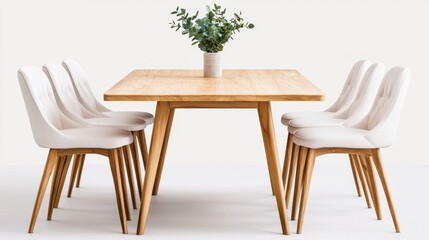Stylish wooden dining table and upholstered fabric chairs, isolated on white background, for kitchen dining set promotions