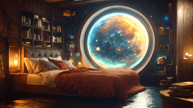 The dreamscape of a parallel universe reveals the mysteries of the universe through a visual stunning interstellar bedroom portal. Dreamscape. Illustration