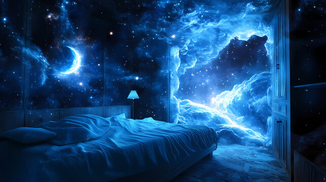 The dreamscape of a parallel universe reveals the mysteries of the universe through a visual stunning interstellar bedroom portal. Dreamscape. Illustration