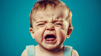 Innocent and helpless baby boy expressing frustration and need for care against a blue background, showing discomfort and hunger with whining and crying