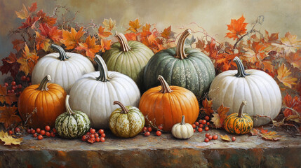 Naklejka premium Autumn Harvest Still Life with Pumpkins Gourds and Leaves