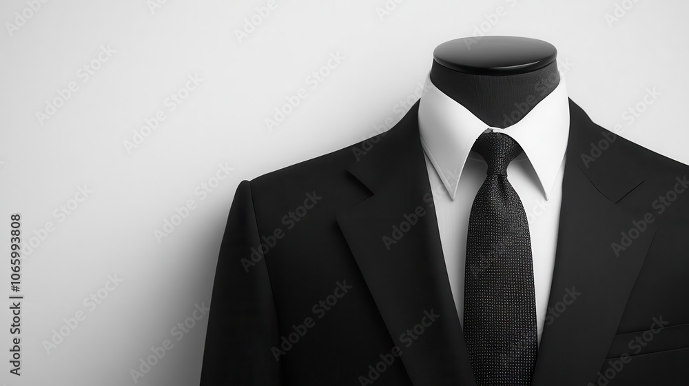 Poster tuxedo suit displayed elegantly against a pristine white background, showcasing a polished tie and t