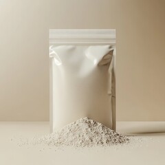 A photo of a protein powder bag mockup on a light beige background, featuring high detail and an angled perspective. The sleek design exudes a fresh and organic feel.