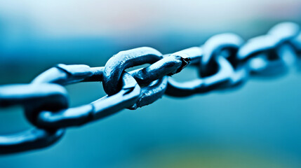 A close-up of metallic chains connected in a line against a blurred blue background. Concept of strength, connection, and durability.