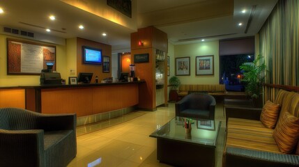 A hotel lobby with a reception desk, comfortable seating, and a coffee table.