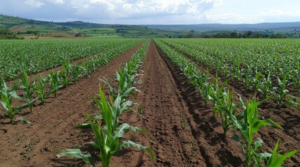 Fototapeta premium vast organic maize farm capturing the planting process of sweet corn, showcasing the rich green fields and agricultural beauty in a serene countryside landscape
