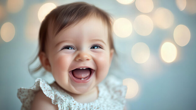 In a magical family setting, a baby girl dressed in white radiates joy with her adorable laughter and smile