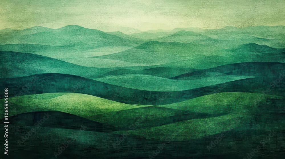 Poster vibrant abstract landscape with rich green hues and layered textures, creating a sense of depth and 