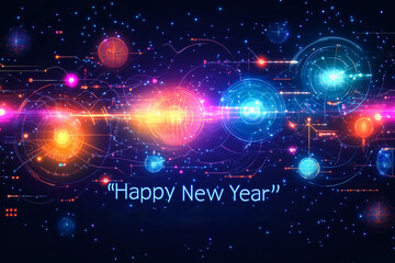 Futuristic postcard with "Happy New Year" written in English in blue, dark blue background with futuristic graphics of colored circles.