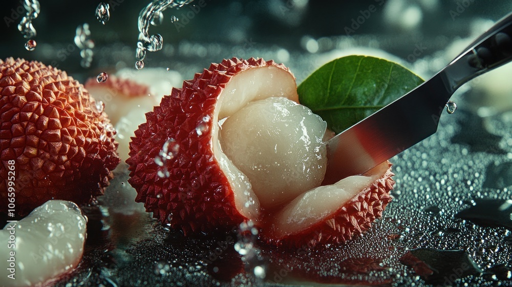 Poster A lychee fruit is sliced open with a knife, creating a splash of water.