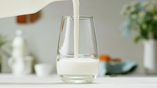 Pouring kefir yogurt into glass cup close-up. Glass with kefir or milk, lactic acid product dairy products concept. Drinking fresh lactose free in morning.
