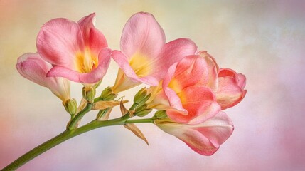 Delicate pink flowers with soft yellow centers against a blurred pastel background.
