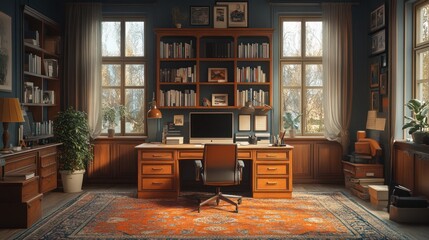 A cozy home office with a wooden desk, a computer, bookshelves, and a rug.