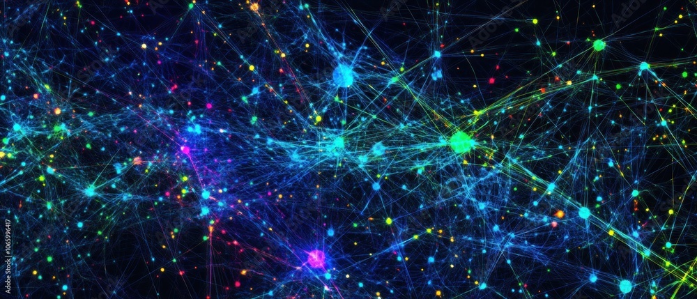 Poster a vibrant abstract representation of interconnected nodes and pathways, resembling a neural network.