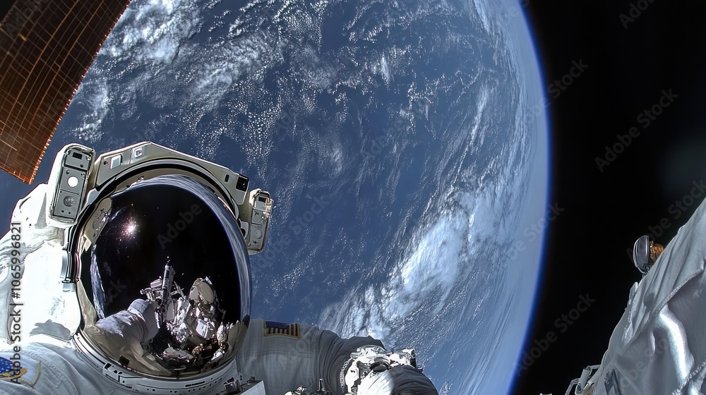 Poster an astronaut in a spacesuit floats in space with the earth's horizon in the background.