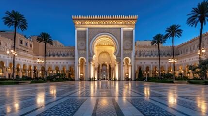 Fototapeta premium Traditional Arabic architectural beauty showcases intricate pillars and arches against a vibrant blue sky, inviting admiration and exploration.