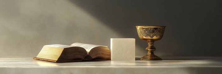 Banner of chalice, ancient monstrance on altar, accompany, embody sacred concept of communion. In Bible, while cross serve power symbol of faith; together, they believer to pray, deep spirituality.