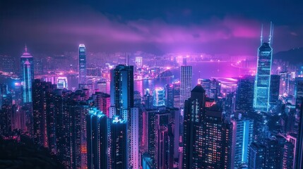 Obraz premium vibrant neon cityscape at night, skyscrapers bathed in pink and blue light, creating a captivating cyberpunk atmosphere