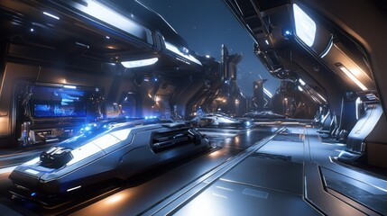 Fototapeta premium Futuristic spaceship interior with glowing blue lights and a sleek design.