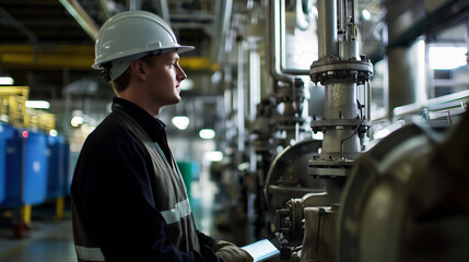 Supervisor in industrial setting, wearing safety gear, using digital tablet to inspect machinery and pipelines in modern factory