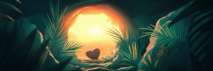 Banner of empty tomb frame, circle palm leave, cross at center. Heart-shaped arrangement, illuminated by rising sun, symbolize resurrection of Jesus Christ, hope that follow his sacrifice on cross.