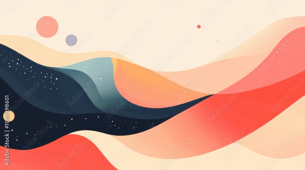 Poster vibrant abstract waves, a flat illustration showcasing a dynamic wavy background in rich gradient co