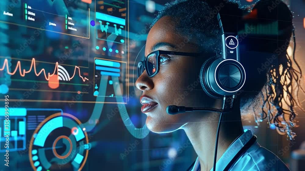 Aufkleber A woman wearing a headset focuses intently on digital data displays in a modern setting. Her expression shows concentration as she interprets various graphs and metrics.