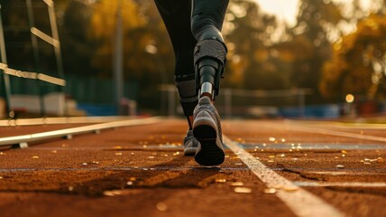 Adaptive athlete with prosthetic leg running on outdoor track at sunset