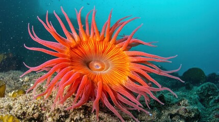 A vibrant, orange and pink sea anemone with long tentacles, showcasing its intricate structure, in a vibrant blue underwater environment.