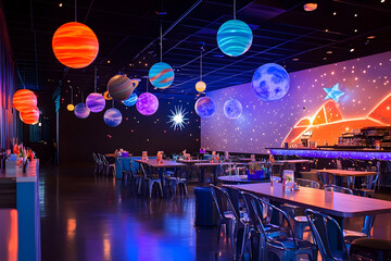 A vibrant cosmic-themed restaurant with glowing planets and stellar decor at night