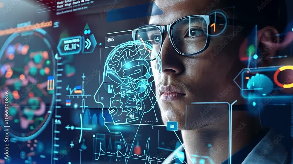 Poster a young professional examines intricate brain data on digital displays, surrounded by advanced techn