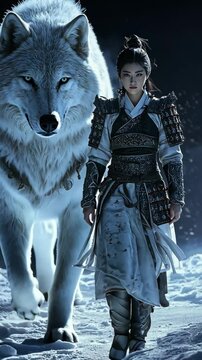 Young woman warrior walking with white wolf in snowy mountains at night