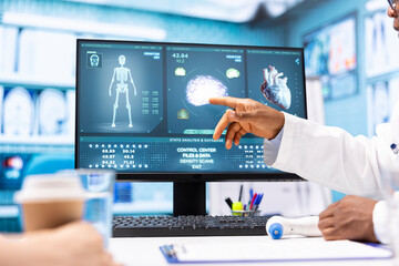 Medic expert showing the x ray imaging test results to patient at check up, discussing about treatment and medical advice. Doctor pointing at radiography scans for interpretation, diagnostic report.