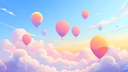 Colorful balloons among the white clouds in the blue sky. dreamlike landscape in pastel colors. Dreamscape. Illustration