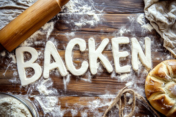 Dough letters spell "BACKEN" on a flour-covered wooden table with baking items. Concept baking scene.