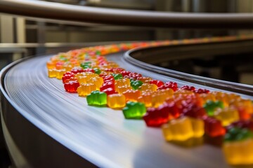 Vibrant gummy bears on a curved conveyor belt showcasing the candy making process in a factory