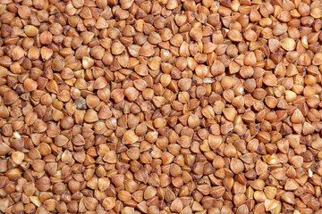 Dry Uncooked Brown Buckwheat Groats Background - Top View, Flat Lay. Raw Large Buckwheat Grains. Russian, Ukrainian and Belarusian Culture