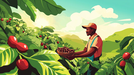 African farmer gathering ripe coffee beans amidst lush green coffee plants under a sunny sky