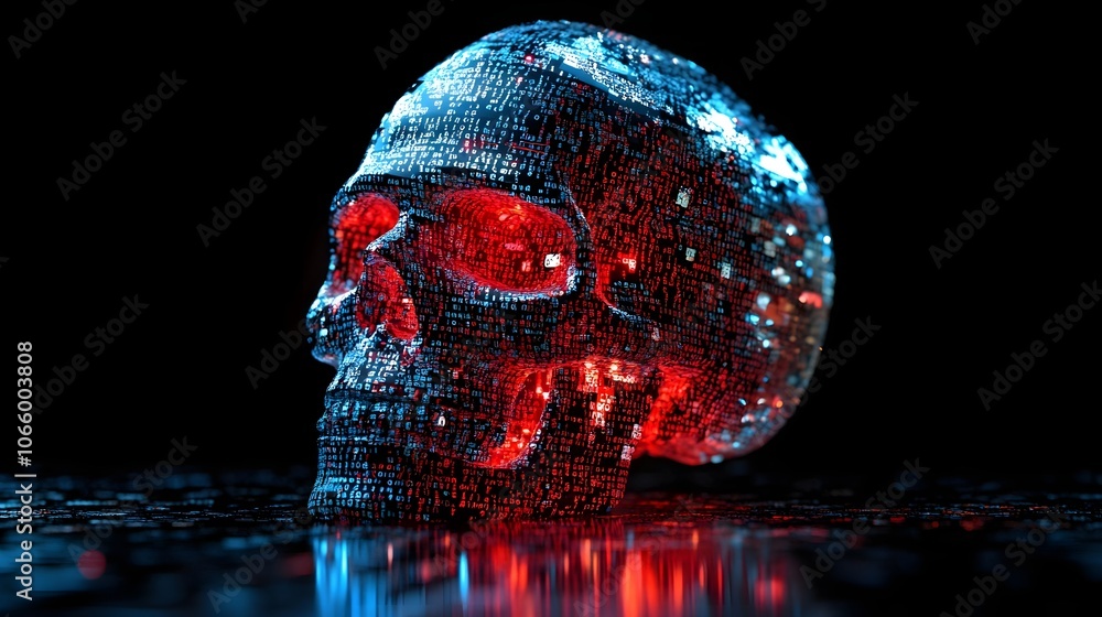 Aufkleber digital skull made of binary code in red blue against black background copy space cybersecurity hack