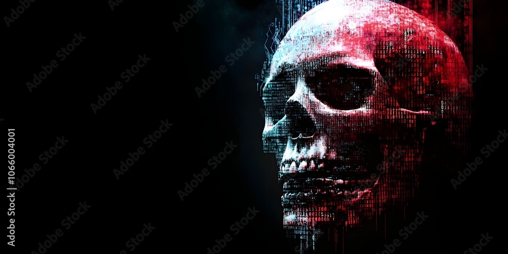 Poster digital skull made of binary code in red blue against black background copy space cybersecurity hack