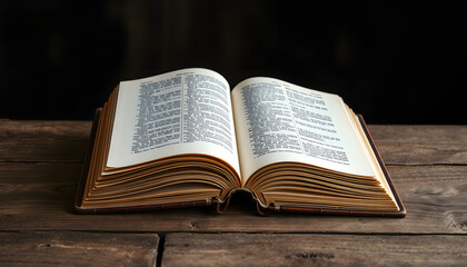 Obraz premium image of open antique book on wooden table with dark background isolated with white highlights, png