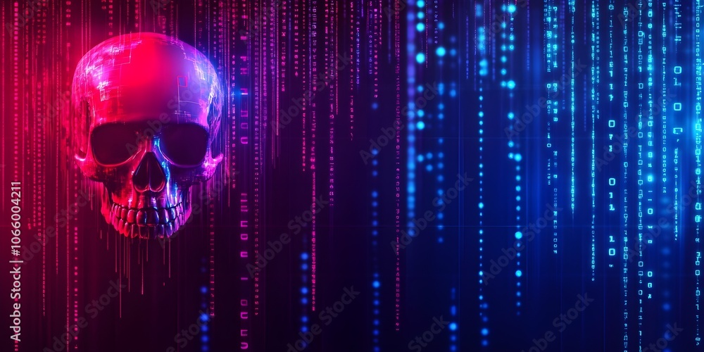 Aufkleber digital skull made of binary code in red blue against black background copy space cybersecurity hack