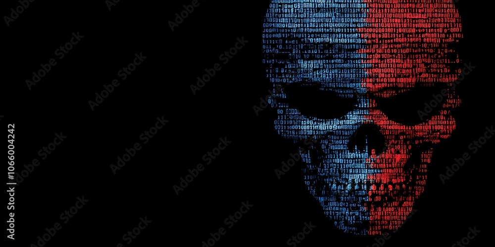 Aufkleber digital skull made of binary code in red blue against black background copy space cybersecurity hack