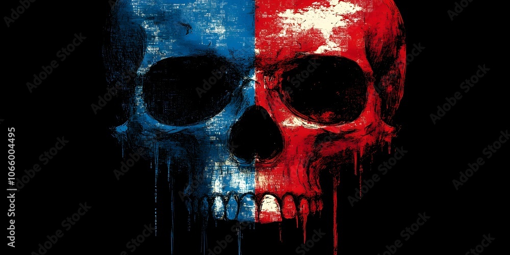 Aufkleber digital skull made of binary code in red blue against black background copy space cybersecurity hack