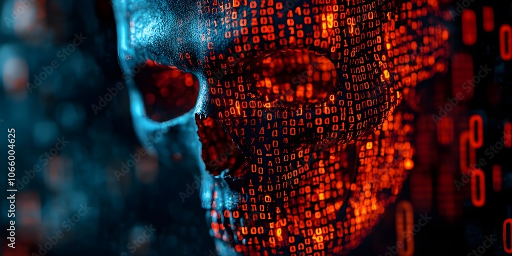 Poster digital skull made of binary code in red blue against black background copy space cybersecurity hack