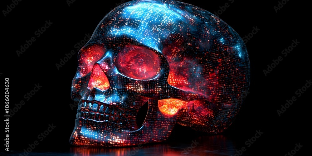 Poster digital skull made of binary code in red blue against black background copy space cybersecurity hack