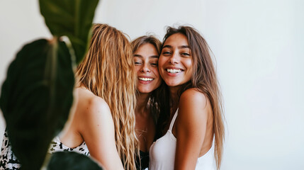 Three friends share a joyful moment together indoors in natural light
