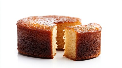 Rum-soaked cake close-up, rich and moist texture, golden brown crust, isolated on white, perfect for holiday dessert ads, Christmas and Caribbean tradition