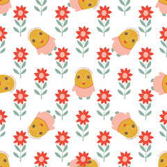 Seamless vector pattern with floral elements and funny cartoon characters. Modern minimalist style texture for surface design, textile, scrapbook paper, wallpaper.