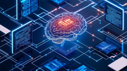 Brain model connected to virtual screens, data streams surrounding, advanced monitoring
